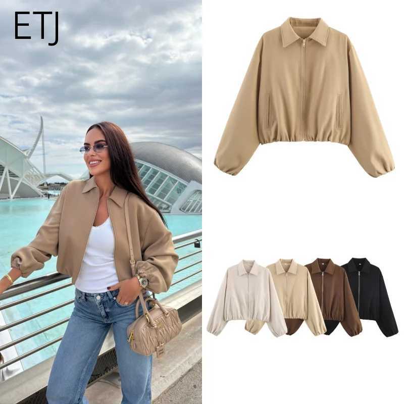 Spring Women's Jackets ETJ's new 2026 women's collection features a simple solid-color pocket decoration zipper puffy sleeve lapel ja