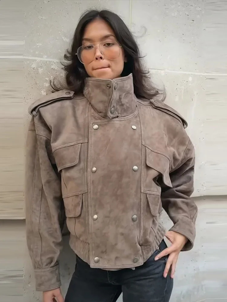Vintage Fashion Women's Suede Jacket Chic Lapel Long Sleeve Pockets Double Breasted Female Coat Casual Lady Loose Streetwear 260920