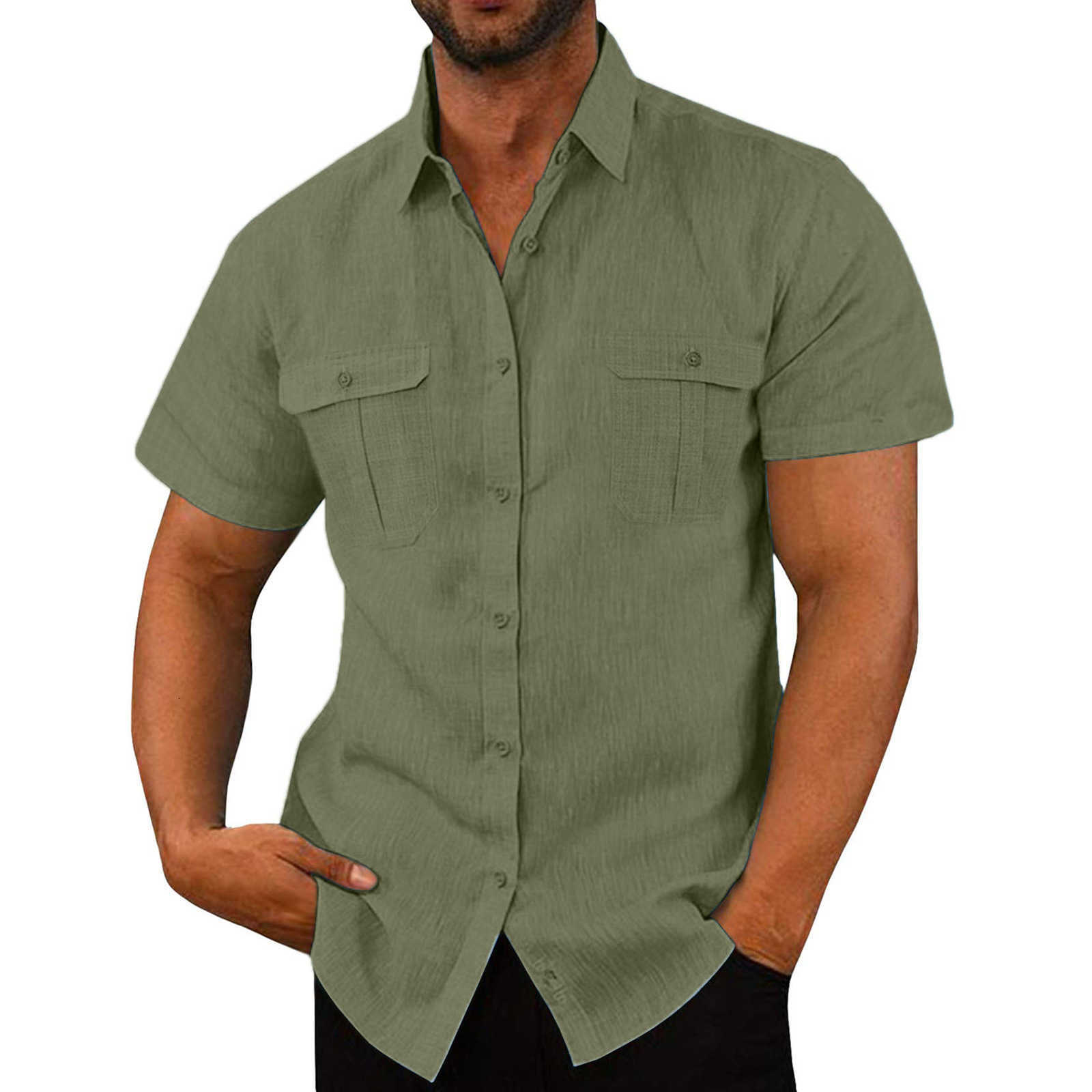for Men's Casual Shirts Shirts Men Handmade Shirt Man Double Pocket Shirt Short Sleeve Men Shirt Linen Shirts for Men Cotton Shirt Short Sleeve