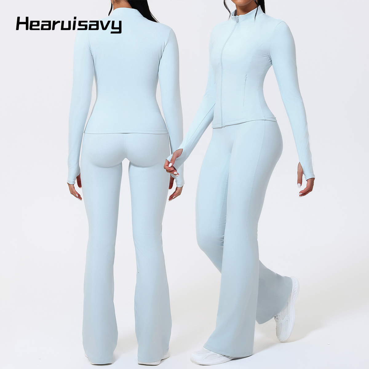 Hearuisavy Summer Women Suits 2Pcs Running Long Sleeve Sports Jacket ECO Yoga Coat With Zipper High Waist Flared Pants 26Y0921