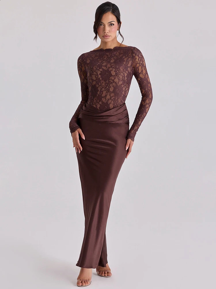 Off Shoulder Lace Satin Maxi Dress Women Elegant Long Sleeve Ruched Bodycon Mermaid Evening Club Party Formal Dress 260920