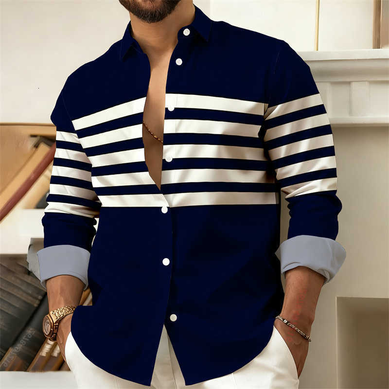 Casual Shirts Men's Striped Men's Long-Sleeved Shirt Outdoor Street Style Casual Shirt for Men Fashionable Lapel Men's Top Comfortabl