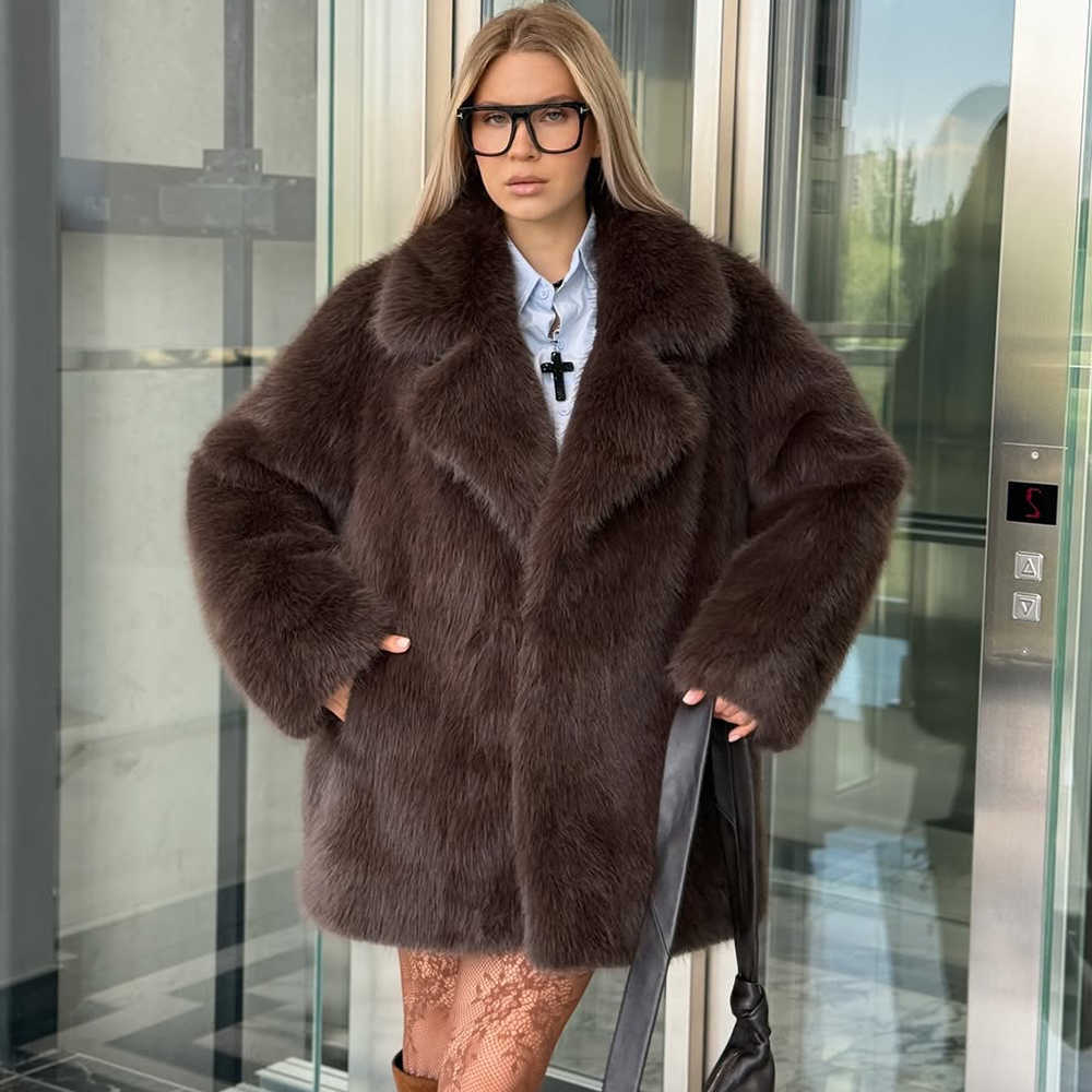 Elegant Women Faux Fur Coat War Fluffy Loose Long Sve Lapel Jacket Fall Winter Fashion High Street Lady Outerwear D260921
