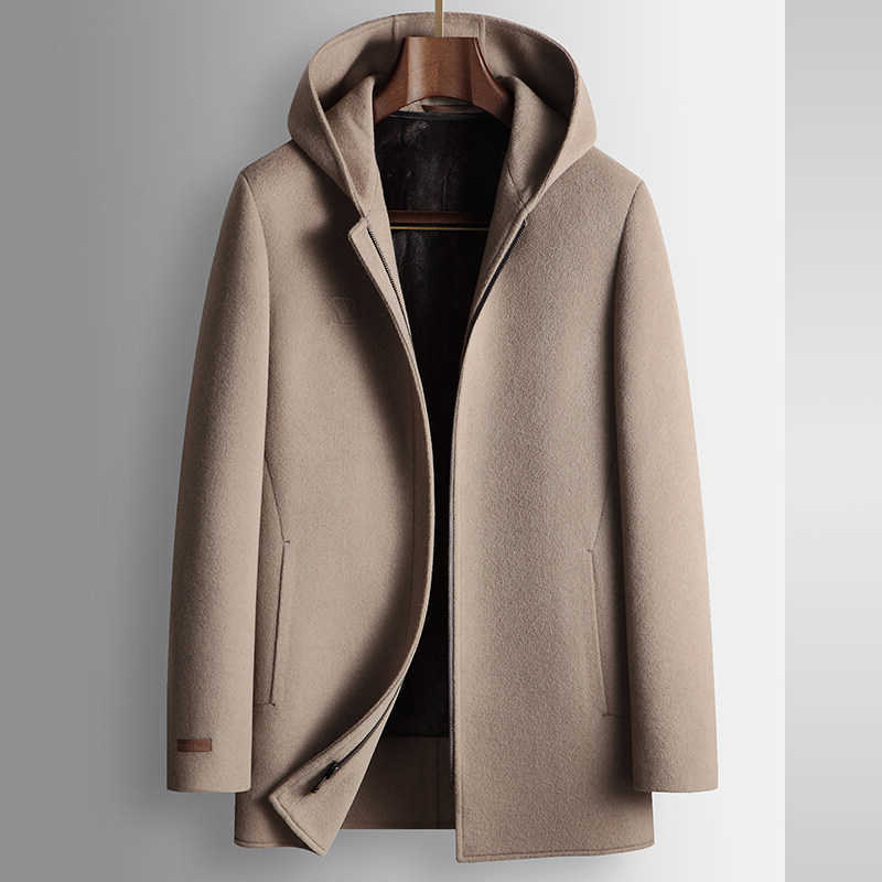 2024 Miscele invernali di lana da uomo Cappotto di lana da uomo nuovo da medio a lungo con cappuccio con velluto spesso per il calore e il tempo lib