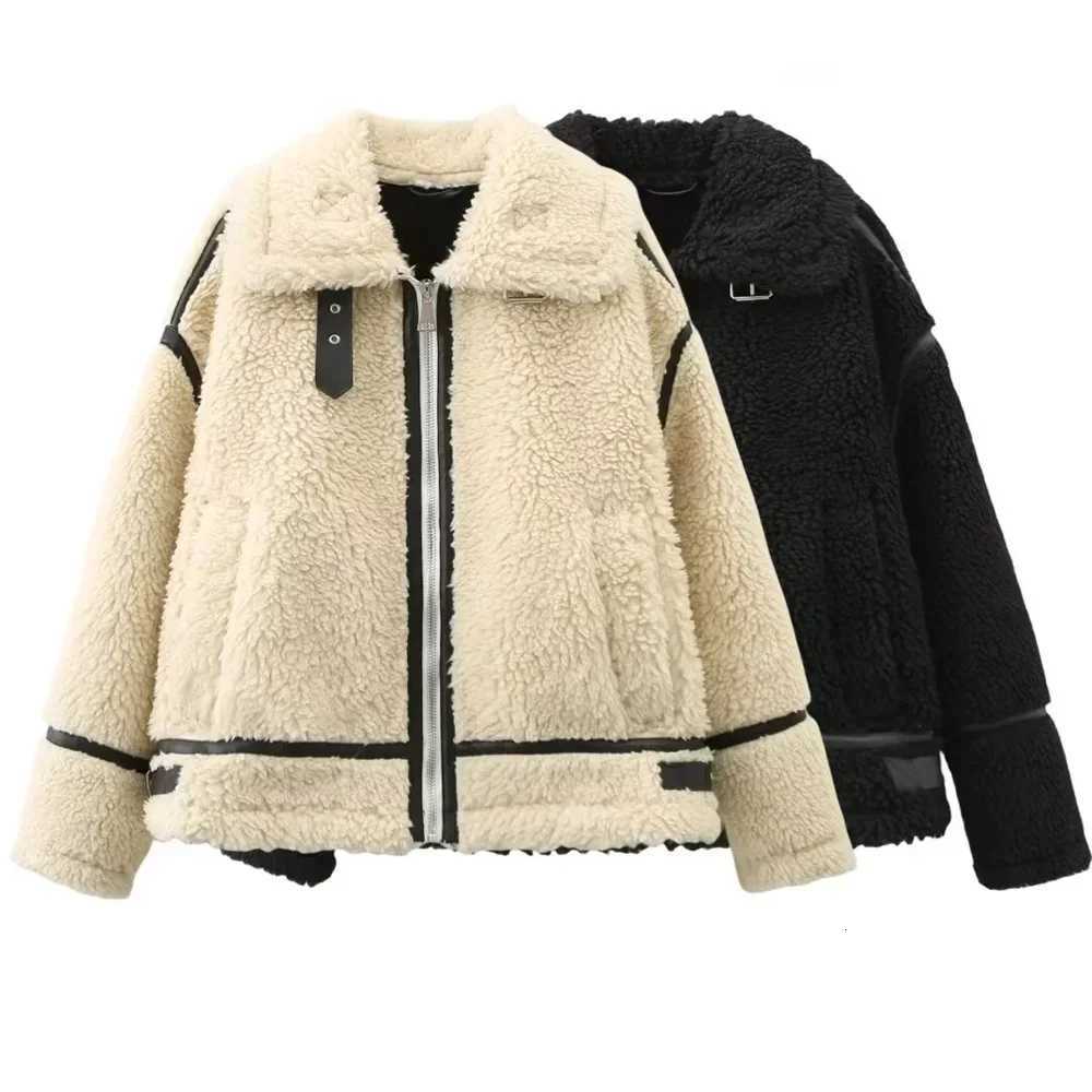 Women's Jackets TRAF 2024 Autumn New Product Women's Wear Color Contrast Splicing Fleece Fur Integrated Lamb Fleece and Velvet Coat C26092