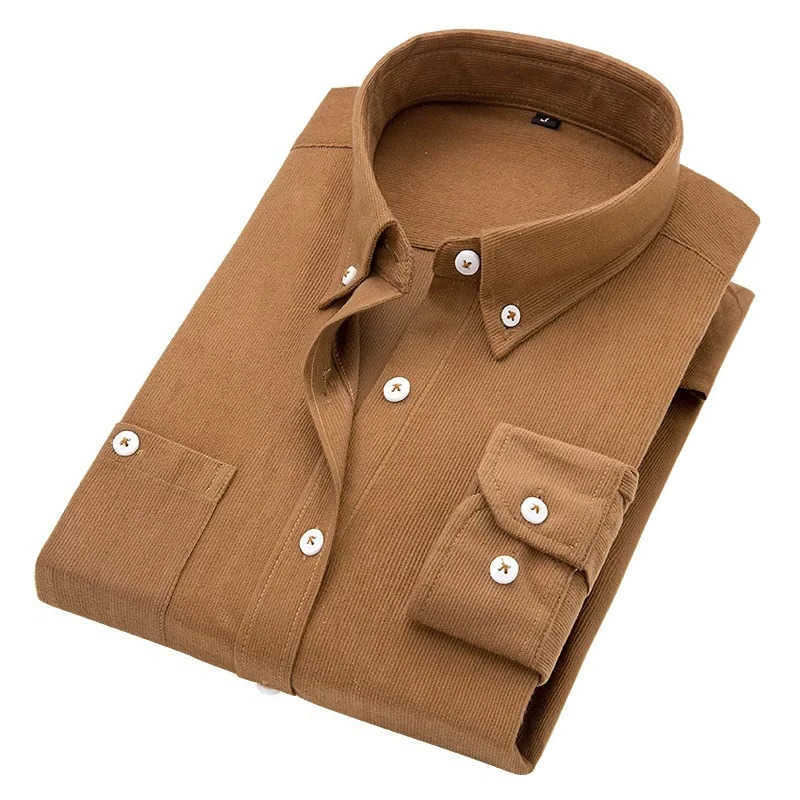 Casual Shirts Men's Men Casual Corduroy Shirt 2025 Spring Autumn Long Sleeve Striped T Shirts Male Slim Fit Shirt Turn-down Collar Camisa Mascu