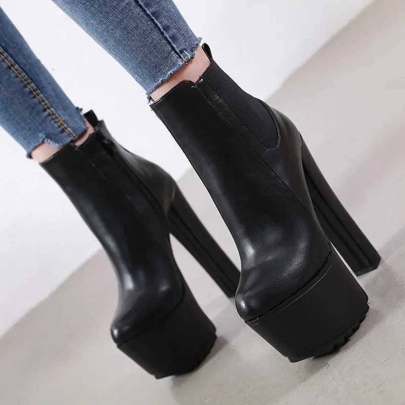 Botas de tacón Alto 16 cm Zapatos gruesos Plataforma para mujer Banda elástica Cremallera lateral Botas Chelsea Botines negros Zapatos Para mujeres