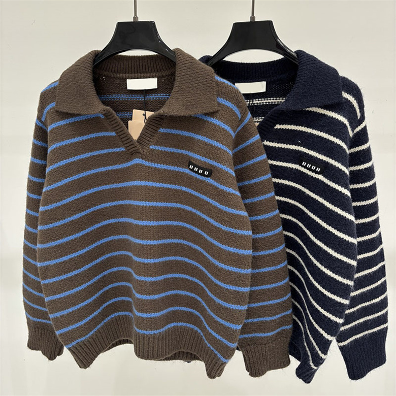 Designer Woman Vintage Knit Shirt Long Sleeve Loose Fit Striped Polo Shirt Autumn Winter Commuter School Daily Casual Wear