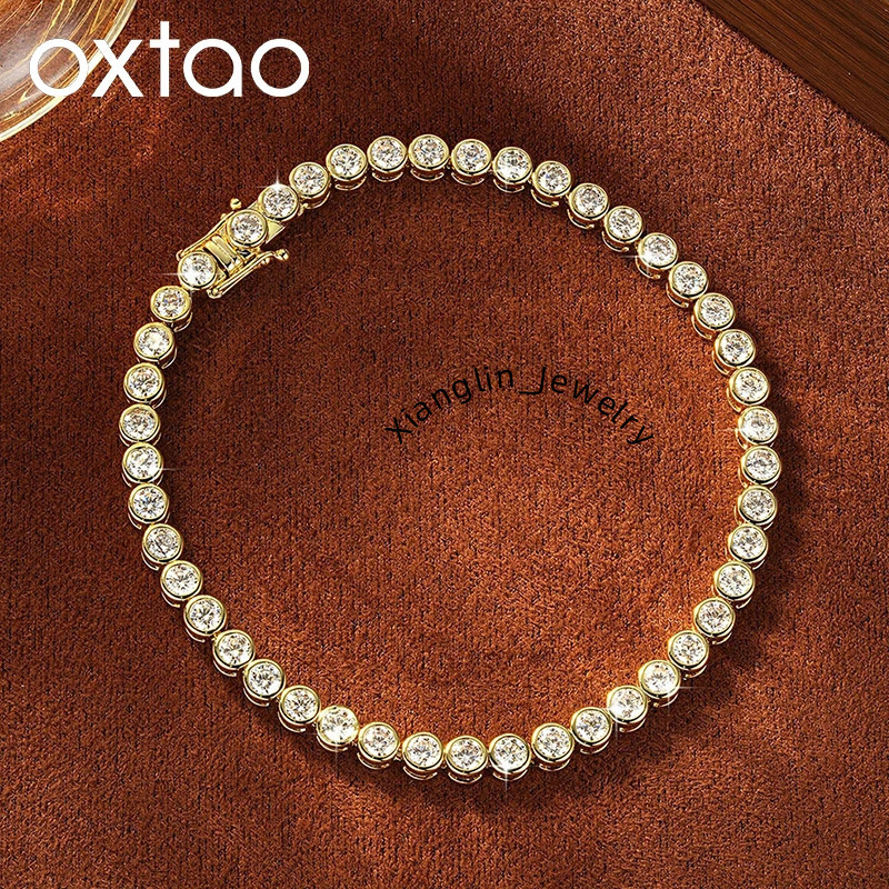 OXTAO Bezel Set Moissanite Tennis Bracelet 14K Gold Filled D Color VVS1 Round Cut Imitation Diamond Bracelet Gifts for Women