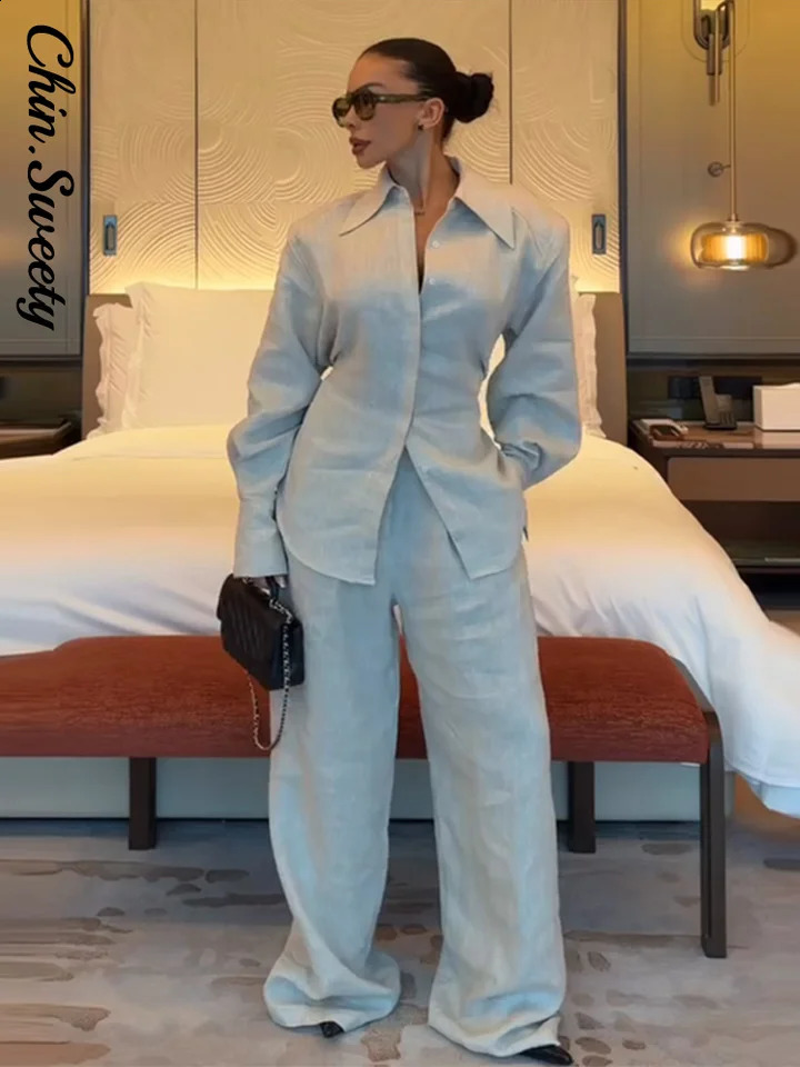 Casual Solid Women's Shirt Trouser Suits Long Sleeve Single-Breasted Shirts Wide Leg Pants 2026 Spring Summer Female Outfits 260920