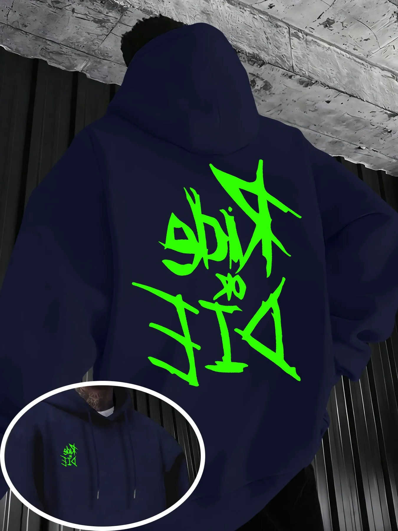 Punk Sweatshirts Men's Neon Hoodies Slogan Men's Hoodie Eye-catching Graffiti Print on the Back Simple Street Style Loose Pullover Sweatsh