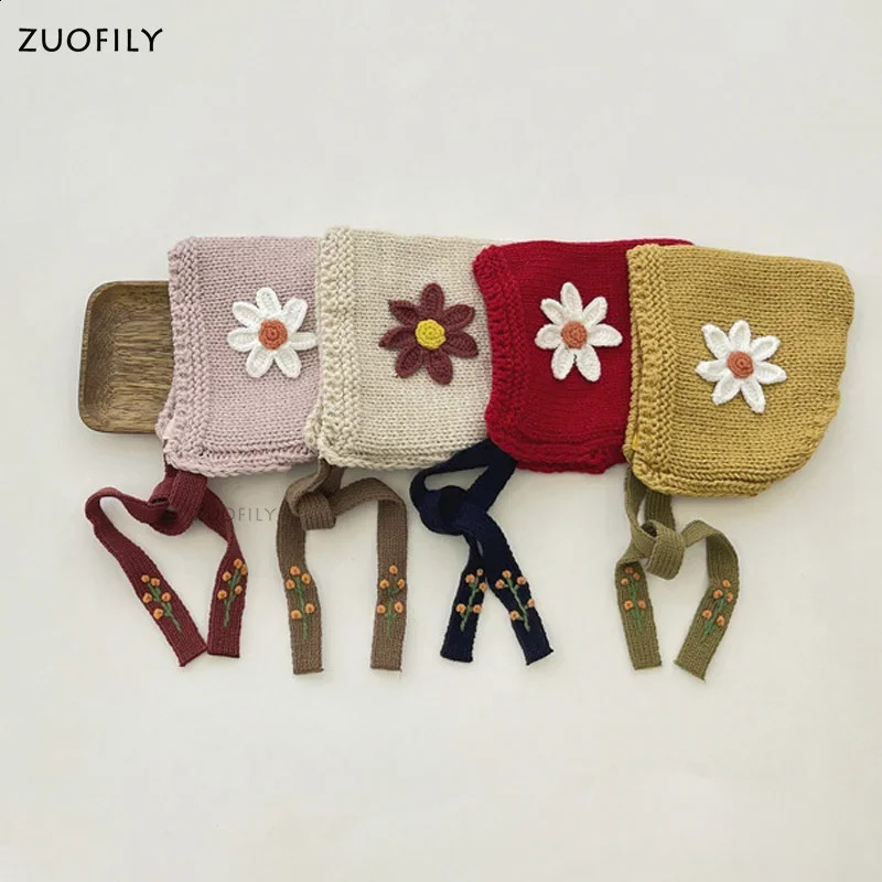 Cute Baby Hat Warm Knitted Kids Girl Boys Thicken Winter Bonnet Hats Solid Color Flower Lacing Children Toddler Cap Beanie 260920