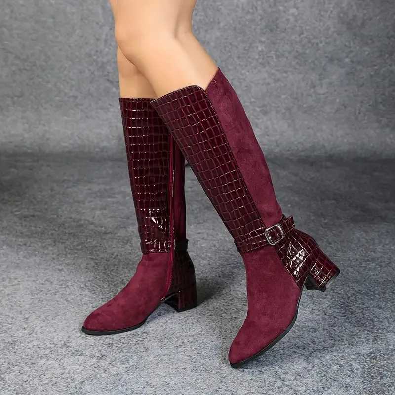 Botas altas hasta la rodilla de retales odile, rojas y marrones, con hebilla y correa, tacón de bloque, cremallera lateral, Botas Largas para Otoño