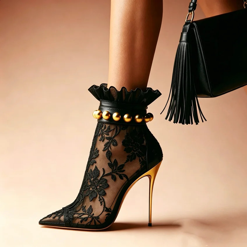 Black Embroidery Mesh Gold Stud Thin High Stiletto Heeled Ankle Boots Women Open Pointed Toe Stilettos Heels Sexy Short Boots 260920