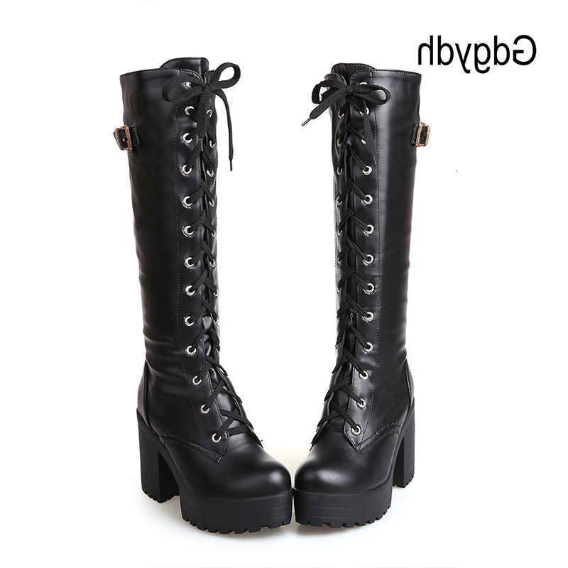 Botas de primavera Gdgydh Venta caliente Otoño Cordones Rodilla Botas altas Moda Mujer Tacón cuadrado blanco Mujer Zapatos de cuero Invierno PU Tama