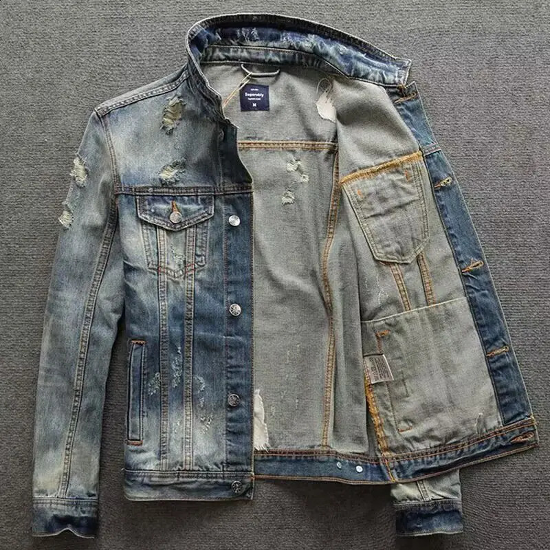 Harajuku Fashion Korean Style Clothes Vintage Cargo Ripped Stylish and Casual Men's Jeans Jacket for Autumn and Winter 260920