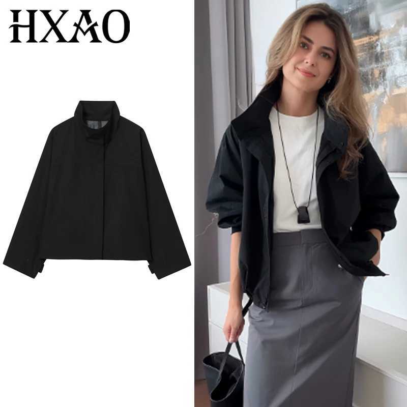 Women's Jackets HXAO Cropped Black Windbreaker Women's Jacket Autumn 2025 Oversize Zip-Up Long Sleeve Top Coat Windproof Stand Collar Oute
