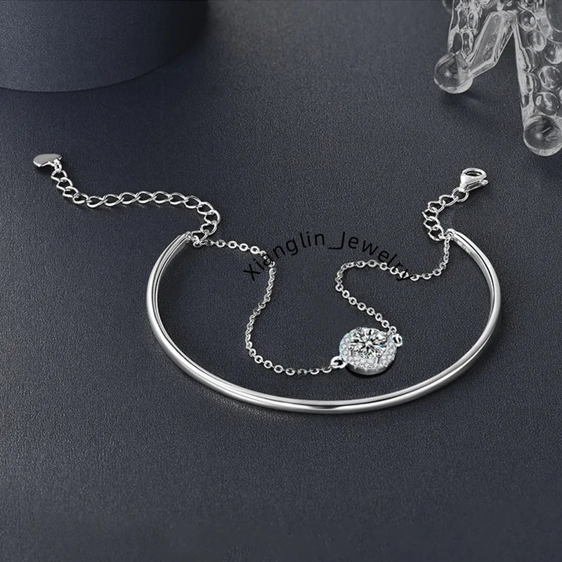 Timeless 2-Layer Round Cut 0.5CT 5mm Moissanite Cuff Bangle For Women D Color 925 Silver Hand Link Chain Bracelet Adjustable GRA