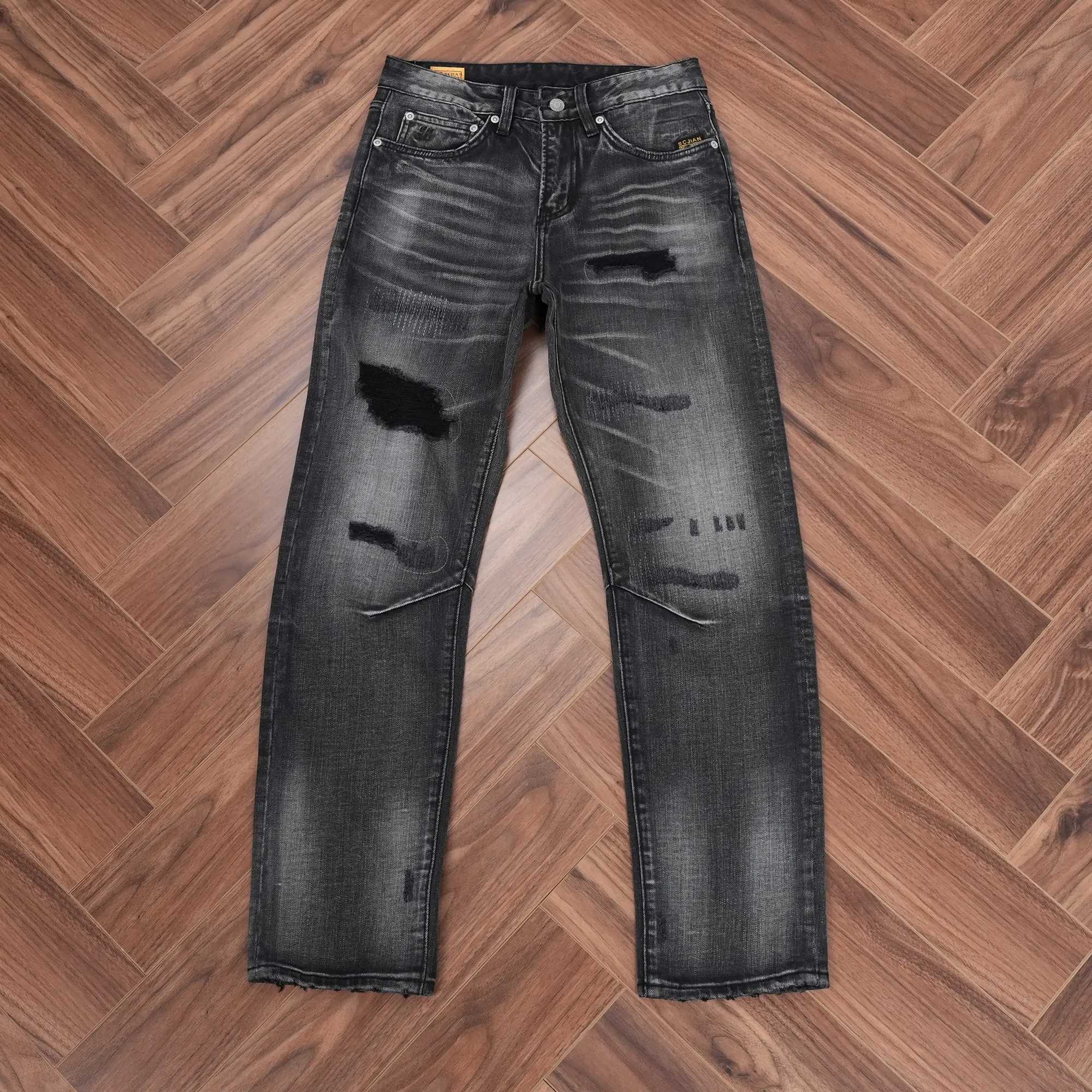 Spring Washed BlackGray Denim Jeans for Men Ripped Hole Distressed Design Regular Straight Leg Comfortable Trendy Casual Pants S260921YGNW