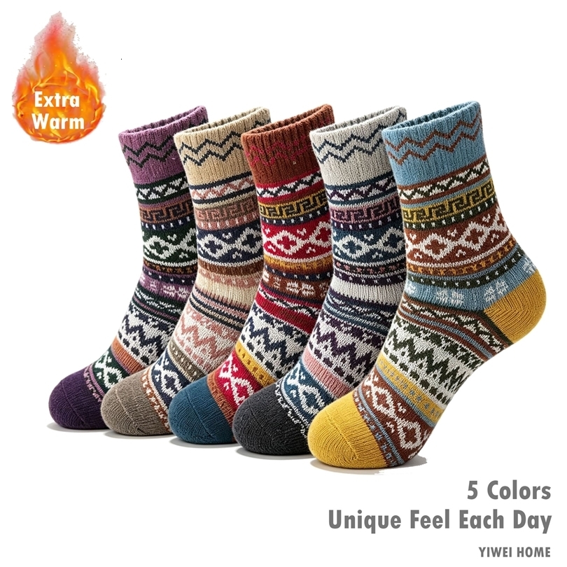 5Pairs Unisex Men Women Vintage Ethnic Wool Crew Socks Thick Warm Soft Breathable UltraComfortable HighQuality D006 260921