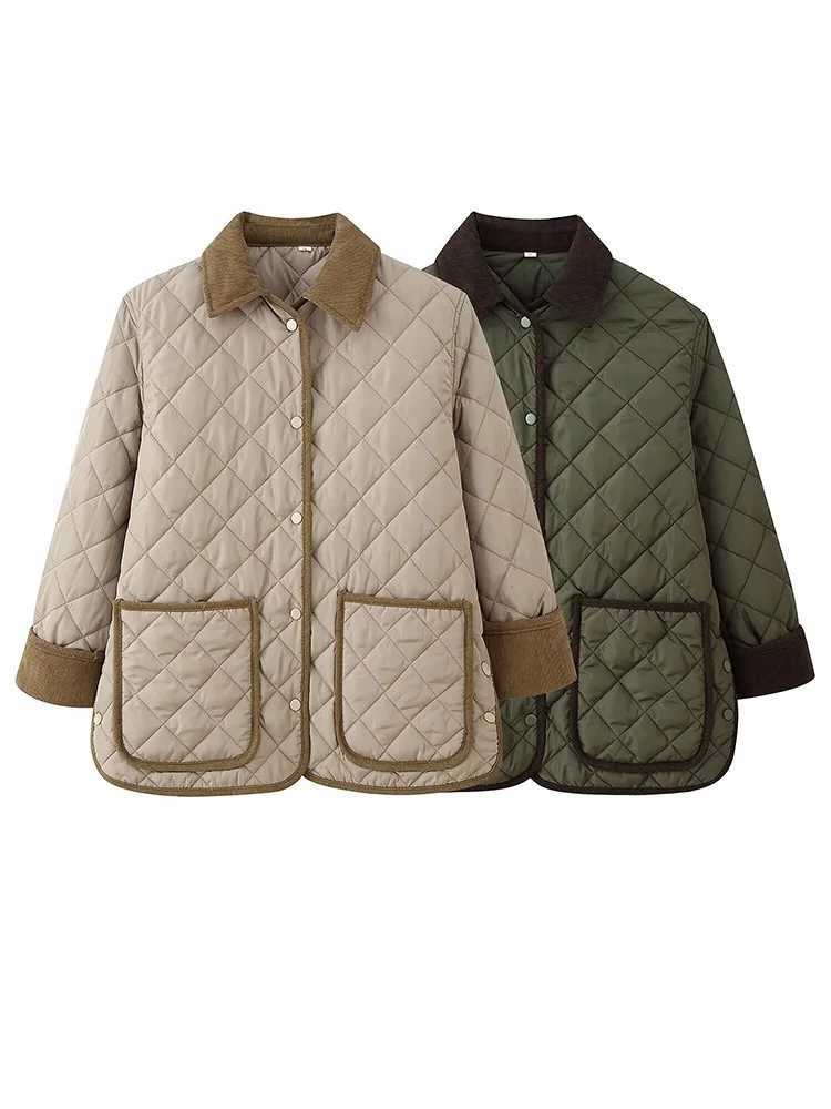 HH Woman Turn-down Collar High Strt Out Argyle Coat Women Winter Loose Pockets Decorate Long Slve Single-breasted Coat T260829