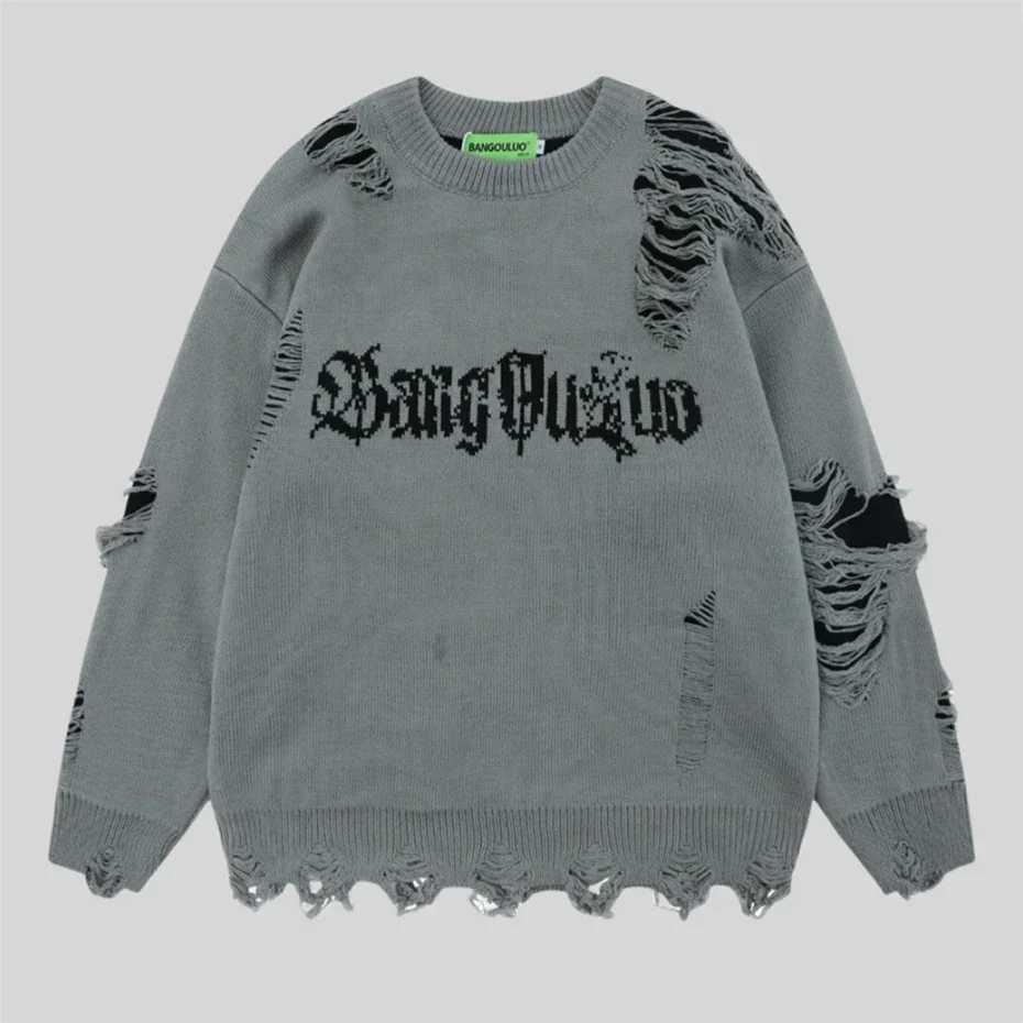 Torn Smooth Sweater Men Retro Ripped Hole Knitted Letter Plain Jumpers Men Streetwear Hip Hop Harajuku Punk Gothic Sweaters S26092171C2