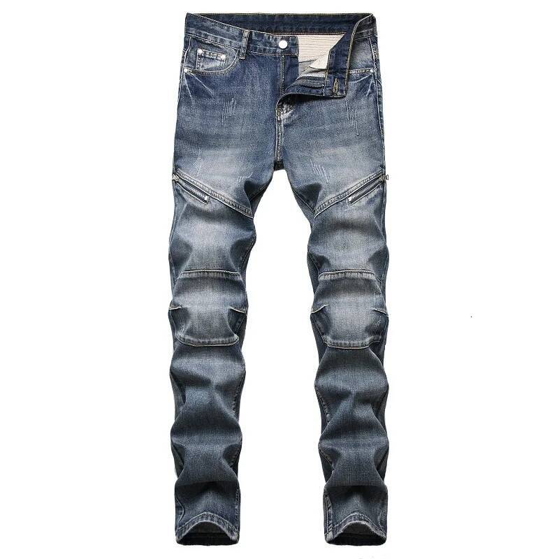 Primavera Autunno Jeans slim dritti da uomo nuovi Personalità della moda Nostalgico Cerniera blu decorato Pantaloni in denim Pantaloni da uomo 26L09