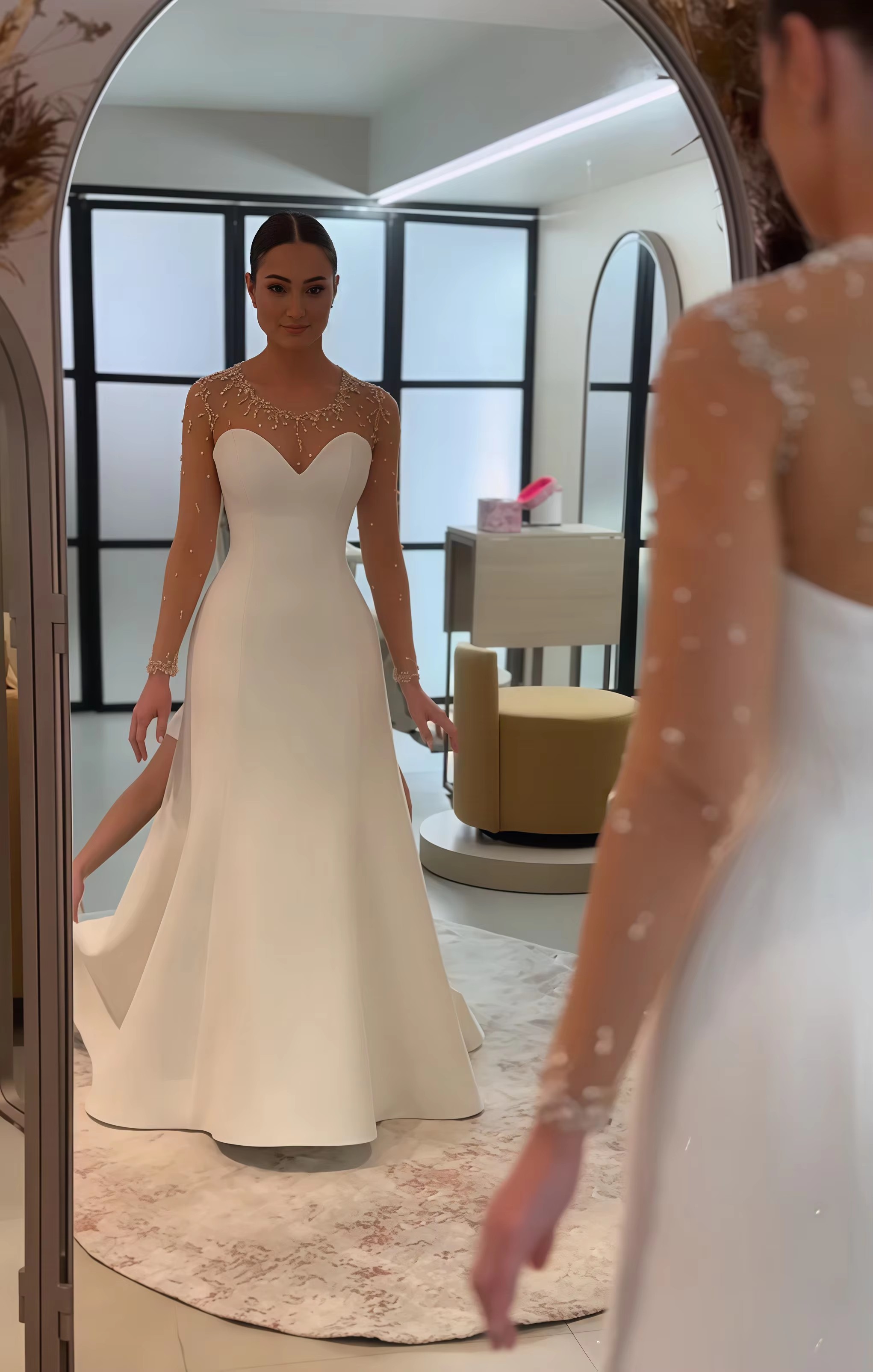 Elegant Wedding Dress Mermaid Church Bridal Gown O-Neck Lace Beaded Pealrs Long Sleeve Button Satin Sweep Train Vestidos de Novia