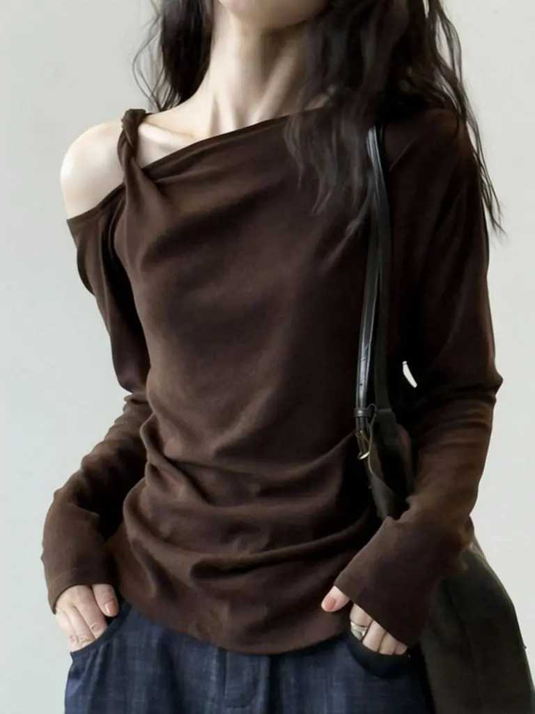 Women's T-Shirt Elegant Twist Strap Off Shoulder Top Women Aesthetic Designer One Shoulder Long Sleeve T Shirt Fall Basic Tees Spring Outwear Q