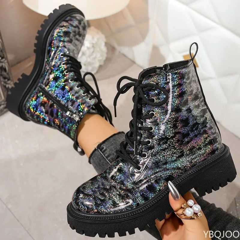 Botas cortas de mujer con lentejuelas y suela gruesa informal a la moda de primavera y otoño de gran tamaño, botas altas pintadas con punta redonda