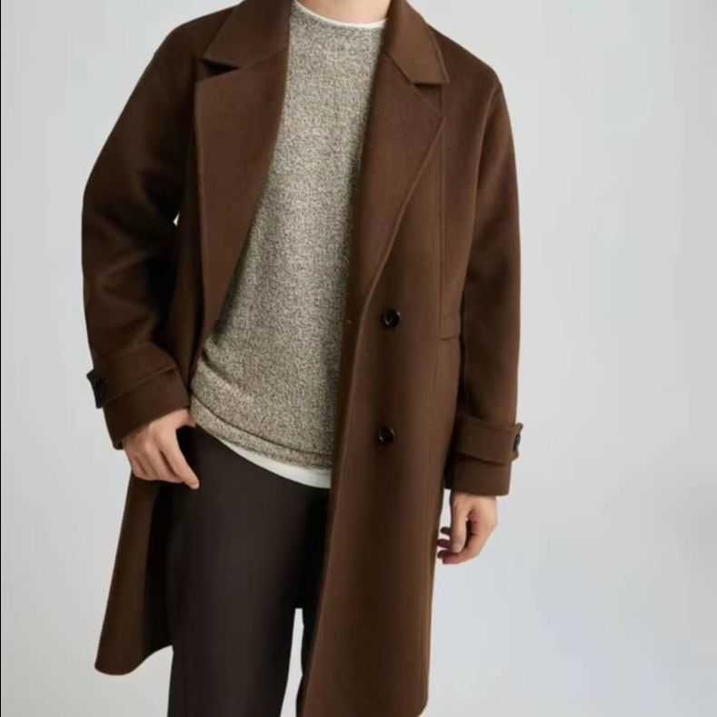 Premium Blends Men's Men's Wool Long Overcoat Wool Material Double Breasted Lapel Collar Cuff Strap Loose Mid Length Business Casual Offic