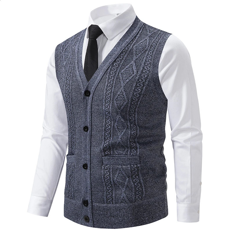 Autumn Winter Warm Slim Fit Knit Vests Men V-Neck Solid Color Smart Casual Knitted Waistcoat Mens Geometric Sleeveless Knit Vest260921