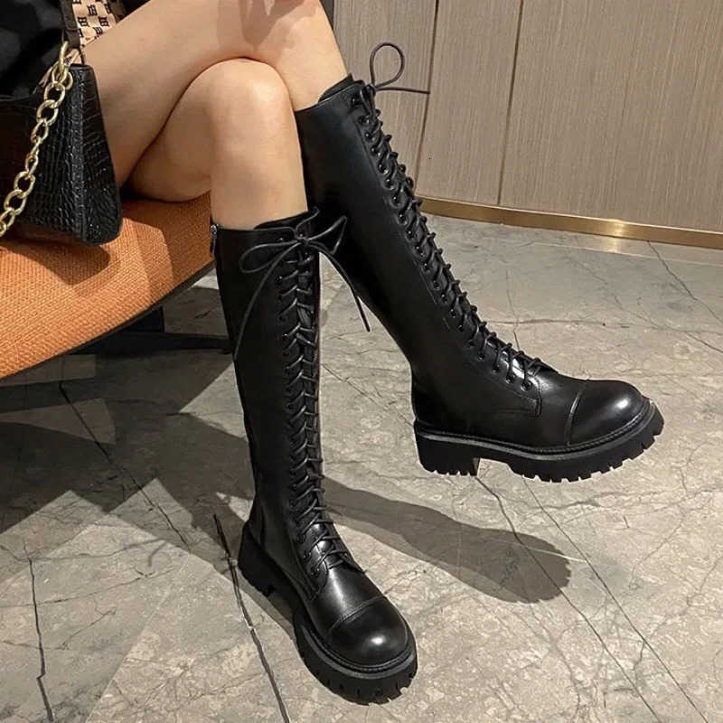 Long Boots 2024 New Women's Boots Thick Sole Knight Boots British Style High Non-knee Rubber Upper Material H260921