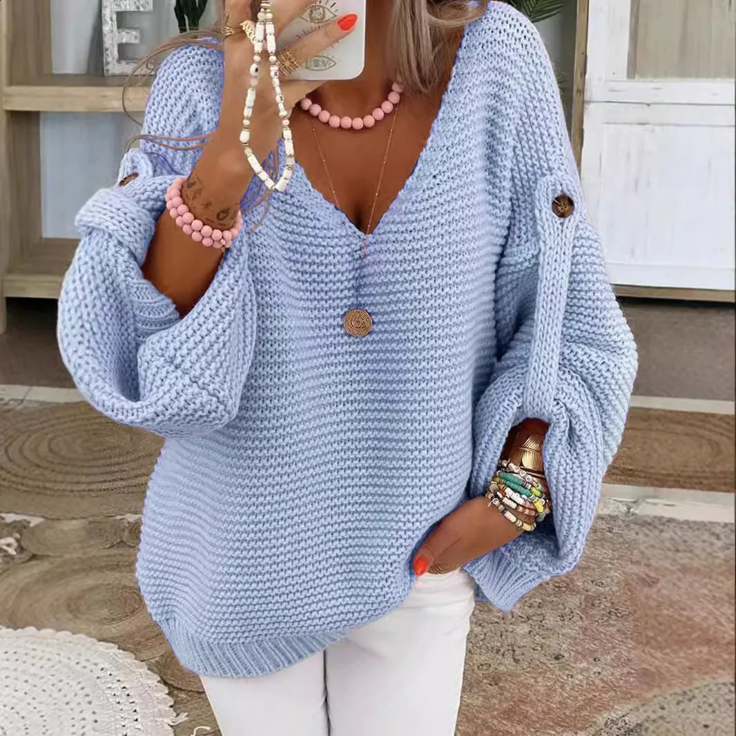 Casual Knitted V Neck Sweater Fall Winter Fashion Button Warm Commuter Jumper Elegant Solid Adjustable Long Sleeve Pullover 260921