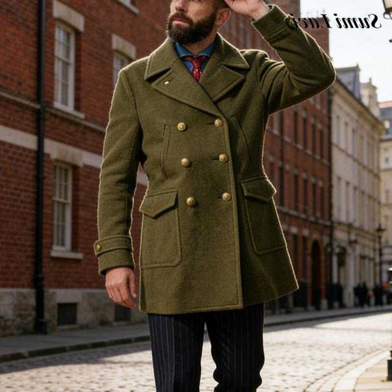 Solid Men's Vintage Wool Blends Color Double-breasted Pea Jacket Mens Fall Winter Casual Woolen Coats Men Fashion Turn-down Collar Mid Overcoat