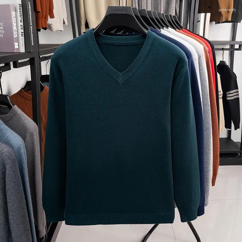 Men's V-Neck Basic Solid Color Sweatshirt Warm Autumn Knitted Oversize Pullover Elastic Round Neck Sweater For Casual Wear