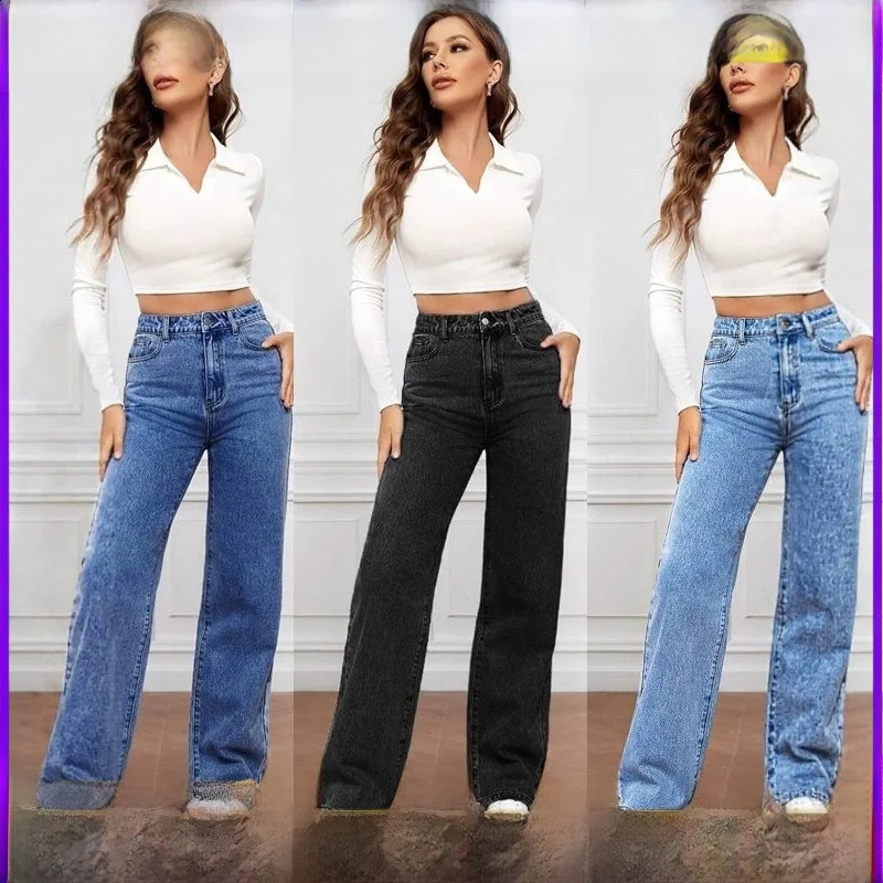 Women's Vintage Washed Denim Straight Leg Pants Cotton Classic Style mid Waist Nine Points Commute Friendly Jeans 260921