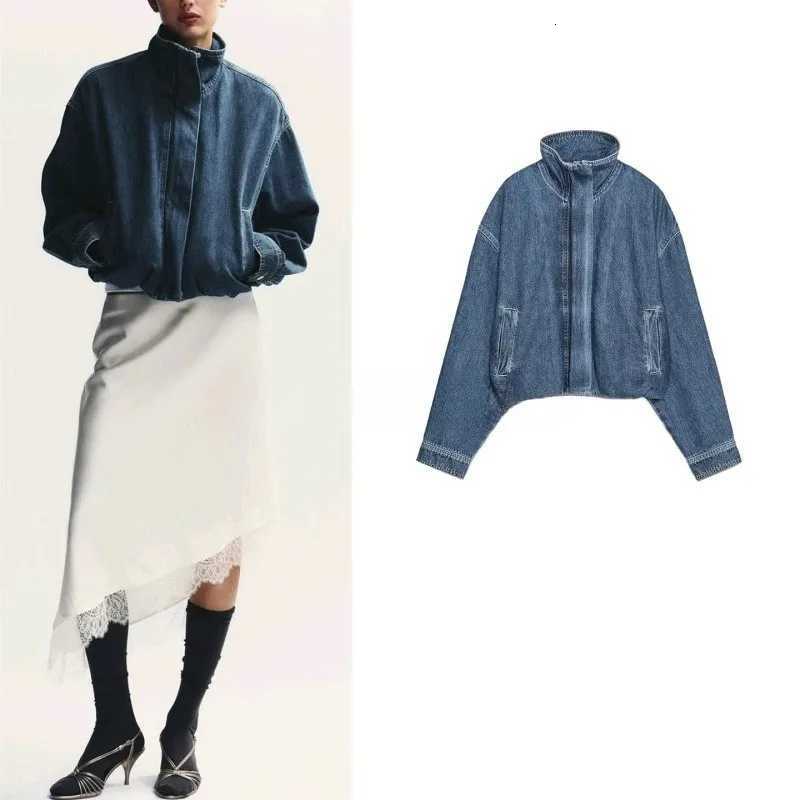 Women's Jackets Vintage Washed Denim Zip Up Jacket High Collar Relaxed Fit Slant Pockets Women Streetwear Short Jean Coat Valentine Gift 260602