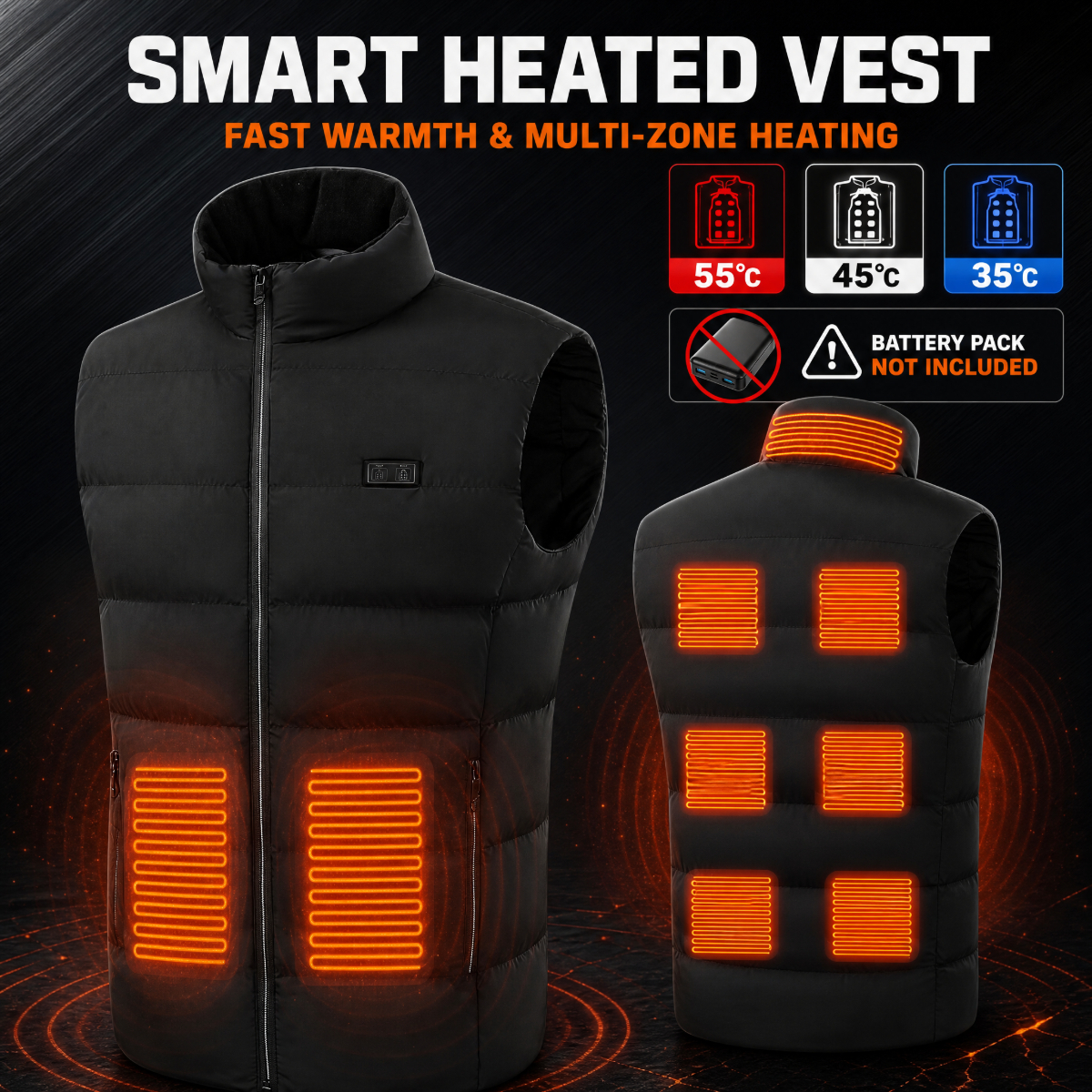 Men's Vest, Winter Warmth Outdoor USB Heated Vest with 9 Carbon Fiber Heating Pads, 3 Temperature Levels J260921