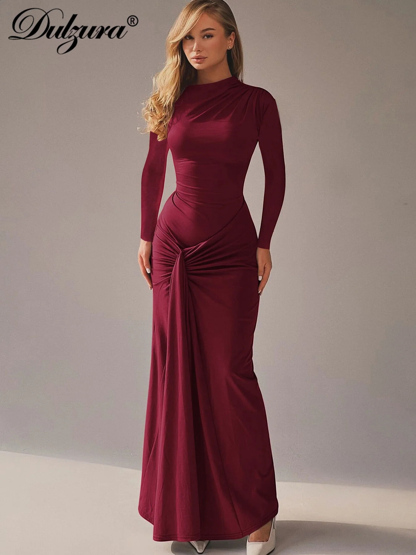 Dulzura Autumn Solid Elegant O-Neck Long Sleeve Ruched Slim Lace Up Long Dress Women'S Fashion Casual Clothes Party Club Outfit 260920