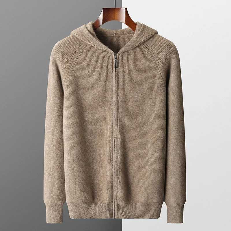 Men's Hooded Cardigan Autumn and Winter Thickened Knit Large-size Jacket 100% Merino Wool Casual Long Slved Sportswear Coat Q260921