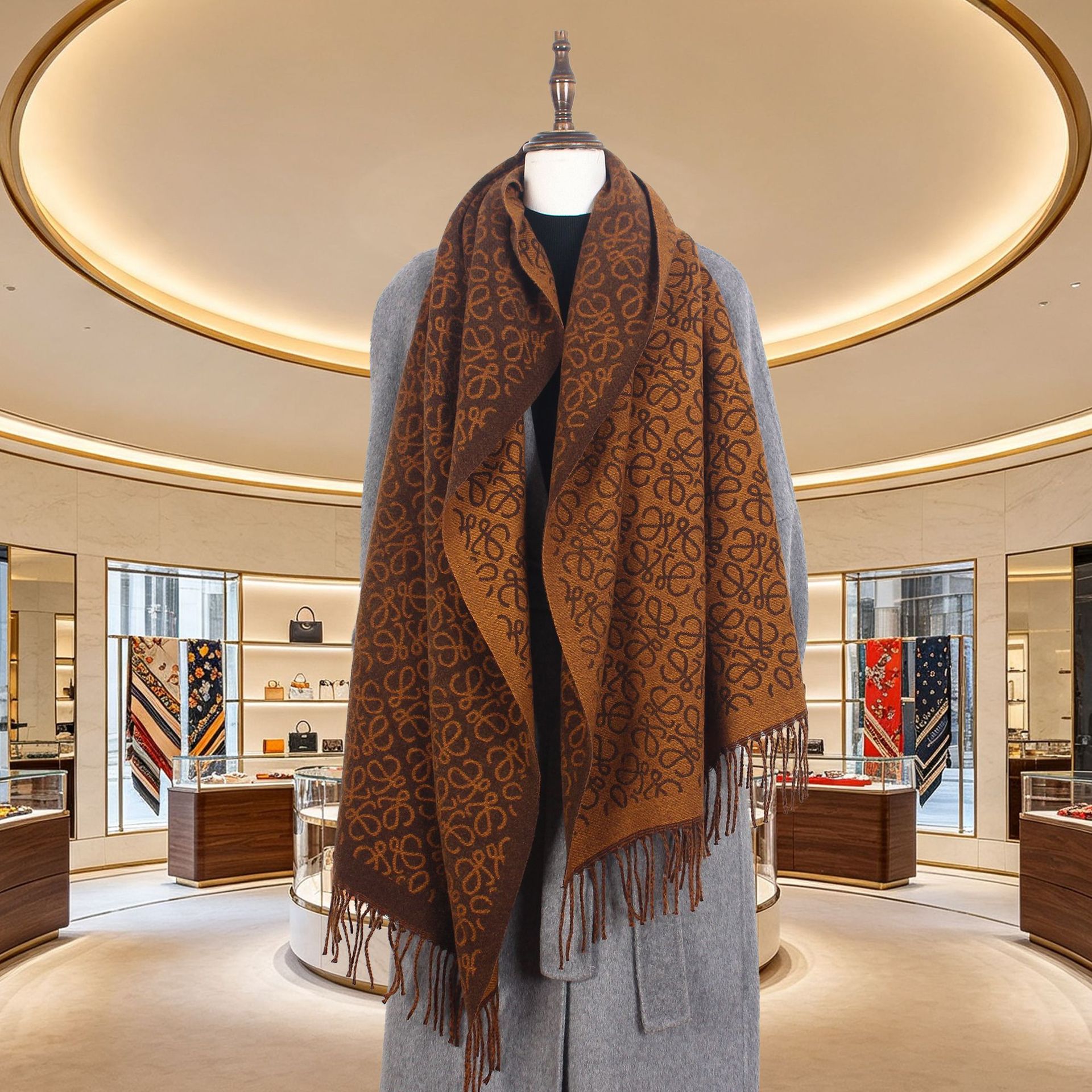 Designer's new women's autumn and winter double-sided jacquard tassel shawl, heavy-duty patterned scarf, paired with a warm cape style sca