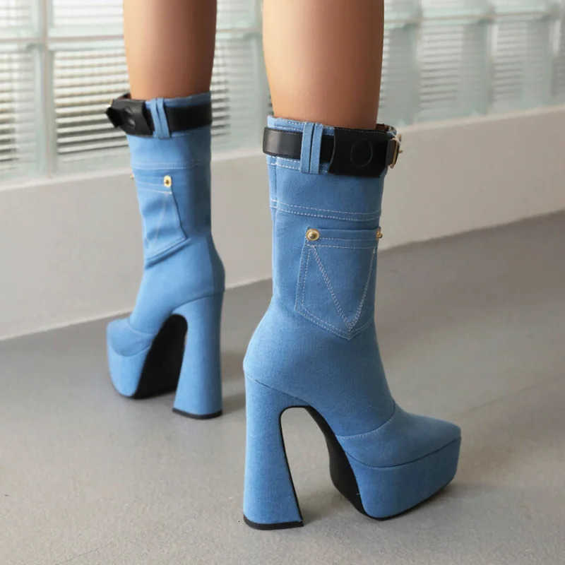 Boots Boots Plush Denim Short Thick Bottom 15cm High Heel Pointed Elastic Size 34-45 Short Boots 2024 New Winter Women's Shoes H260921