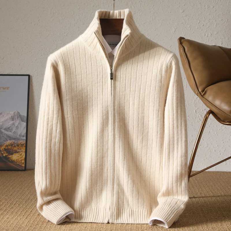 Men 100% Merino Wool Stand-Up Collar Cardigan Casual Knit Business Zipper Coat Autumn Winter Versatile Warm Men Cashmere Jacket Q260921