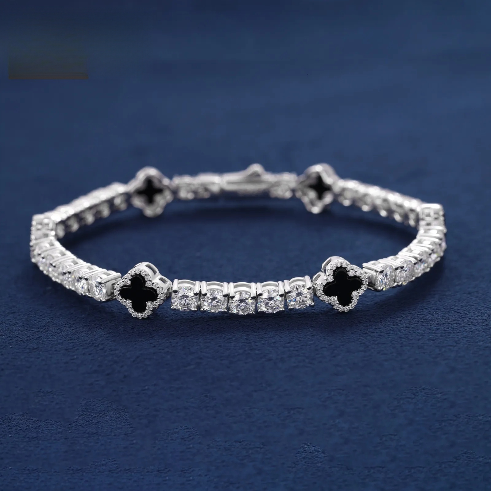 Hot Selling Design Black Clover Chain Luxury VVS D Moissanite 925 Sterling Silver Tennis Bracelet 4mm Hip Hop Jewelry