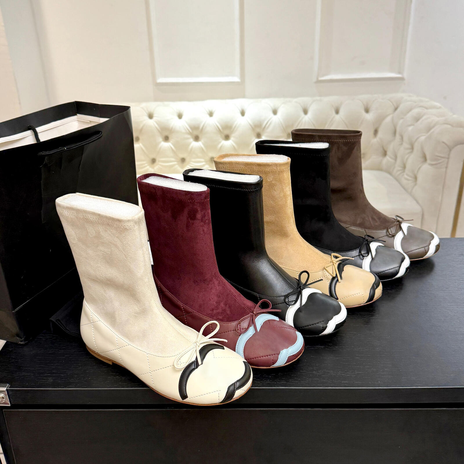 New Women Mid Calf boots Dress shoes Classis Suede Bow Zipper Designer Outdoor travel Ankle Ladies Genuine Leather high heeled Fashion Elegant Flat