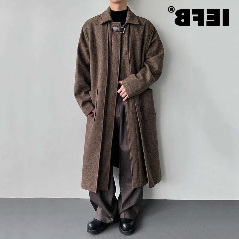 Wool Blends IEFB Korean Men's Style Men Woolen Coat Solid Color Turn-down Collar Double-layer Casual Overknee Leather Buckle Male Overcoats 9X1