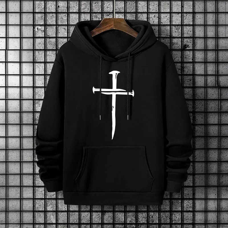 Urban Men's Hoodies Sweatshirts 2026 Streetwear Fashion Hip Hop Hooded Sweatshirt Male Trendy Street Style Hoody Cross Print Mens Casual Hoodie