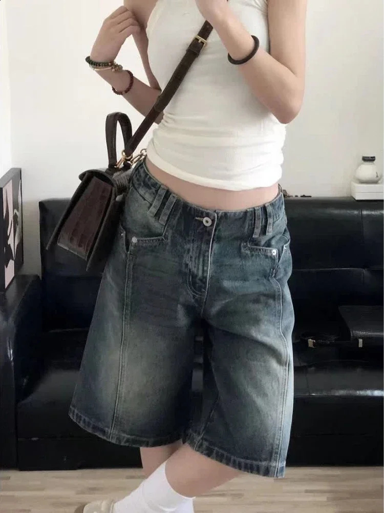 HOUZHOU Y2K Vintage Women Denim Shorts Baggy High Waist Korean Wide Leg Jorts Casual Oversize Washed Jeans Streetwear Summer 260916