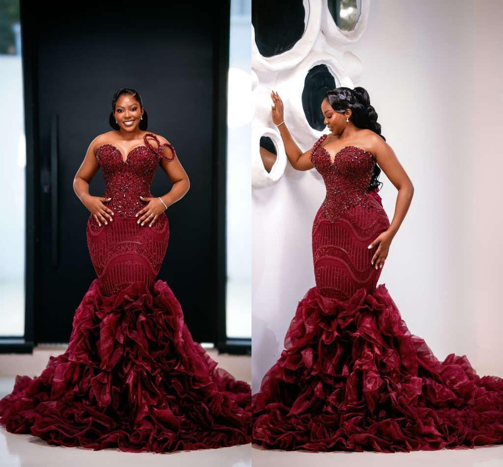 Vintage Crystal Prom Dresses Beaded Strapless Mermaid Evening Dresses Ruffle Train Party Gown Sleeveless Customized Vestidos De Noche Plus Size